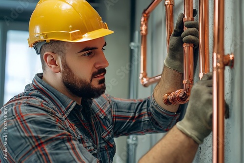 Plumber Securing Copper Pipes in Building Wall photo