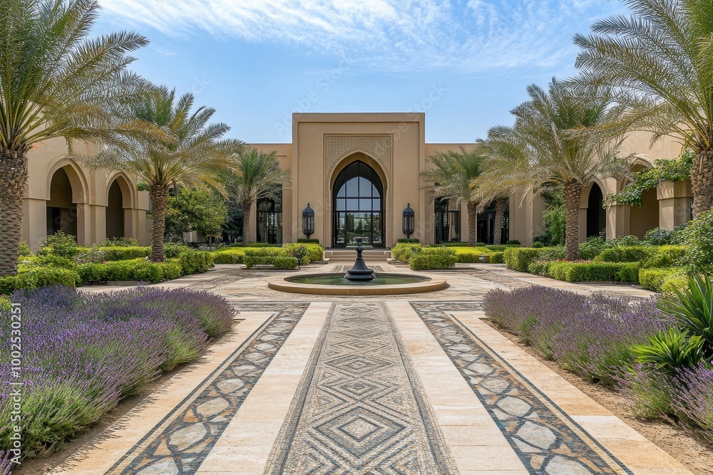 Naklejka premium Elegant courtyard featuring lush plants, a fountain, and intricate pathways under a clear sky.