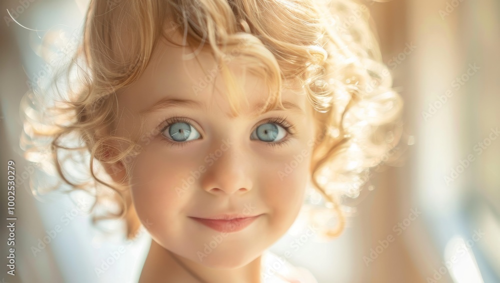 Cute little girl with blue eyes and curly blonde hair is looking at the camera. Portrait photo. young girl with bright blue eyes and a charming smile, showcasing innocence, purity, childhood wonder. Cute little girl with blue eyes and curly blonde hair is looking at the camera. Portrait photo. young girl with bright blue eyes and a charming smile, showcasing innocence, purity, childhood wonder.