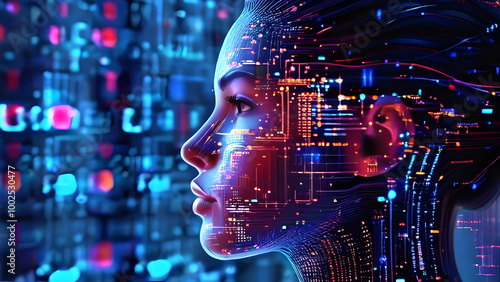 Visually represent the flow of data or light in the form of a human, Add digital patterns or flows around the head to make it look like the AI ​​is understanding human thoughts.