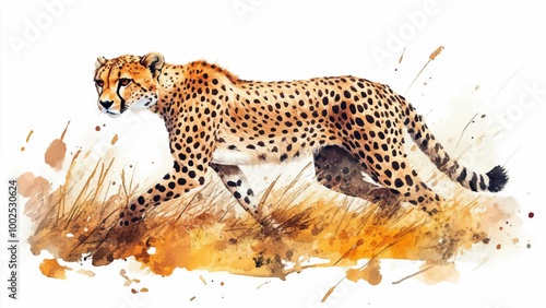 Cheetah Sneaking Through Dry Grass On Half-Bent Legs Horizontal Background Watercolor Illustration Featuring The Sleek Moving Stealthily With The Grass Blades Flowing Gently Around