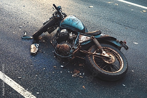 Rusty motorcycle lies damaged on the asphalt after being involved in a road accident, debris scattered across the ground