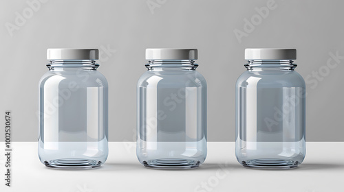 Three clear glass jars with white lids, perfect for product packaging or mockup designs.