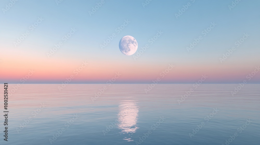 A serene ocean scene at sunset with a full moon reflected on calm waters. A serene ocean scene at sunset with a full moon reflected on calm waters.