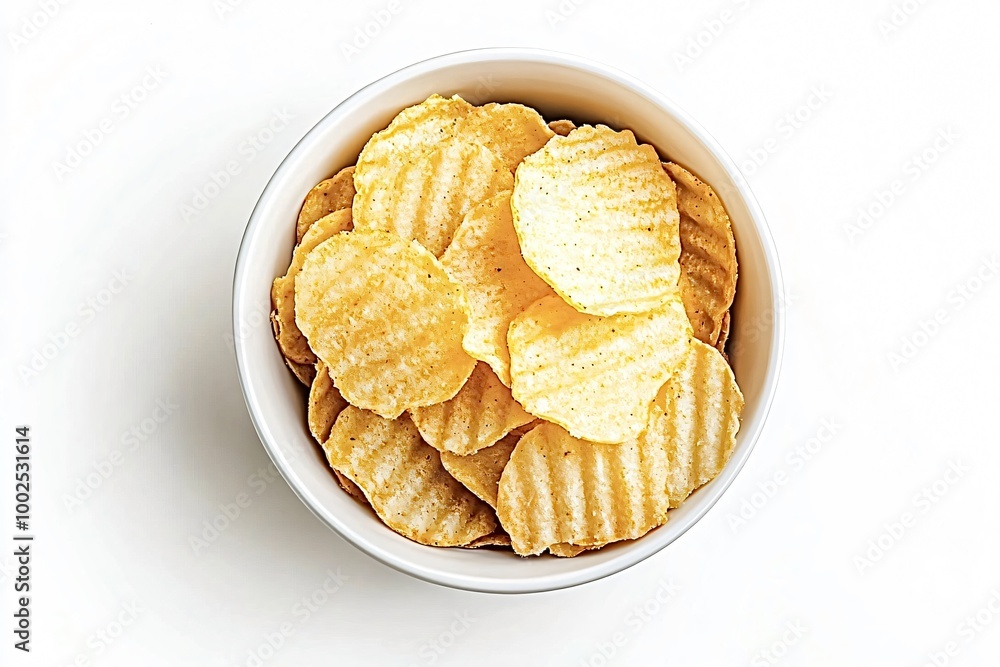 Satisfying golden potato chips in white bowl, perfect for snacking on game days or movie nights Satisfying golden potato chips in white bowl, perfect for snacking on game days or movie nights
