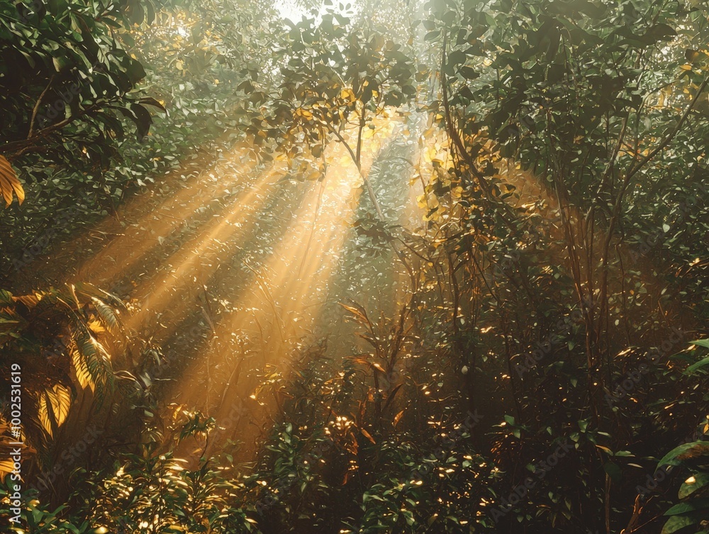 Obraz premium Sunlight Beams Through Lush Jungle Canopy