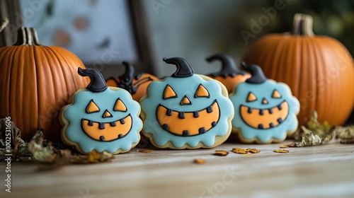 halloween cookies with colorful decorations set on a table with pumpkins, bringing a spooky and festive atmosphere to your fall party, ideal for all ages to enjoy photo