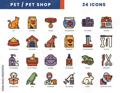 Pet icon set in outline color style. Animal care and pet shop element collection