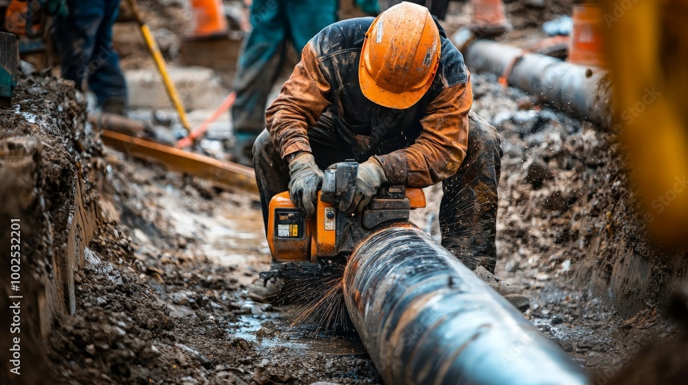 Worker Using Power Saw to Cut Metal Pipe Worker Using Power Saw to Cut Metal Pipe