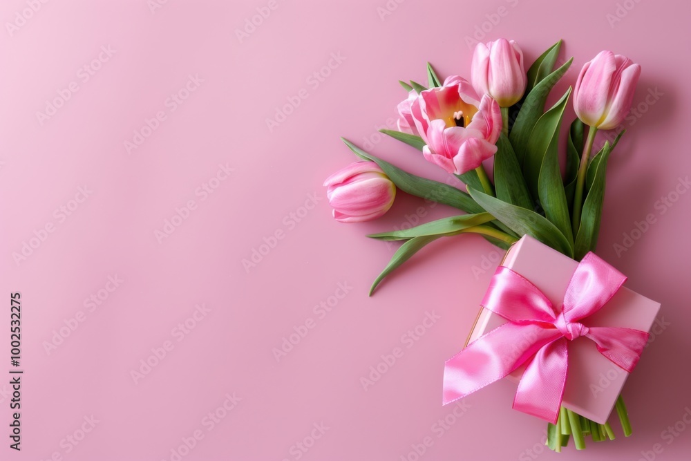 Pink Tulip Bouquet and Gift Box with Ribbon: Elegant Floral Arrangement for Spring Celebrations and Special Occasions Pink Tulip Bouquet and Gift Box with Ribbon: Elegant Floral Arrangement for Spring Celebrations and Special Occasions