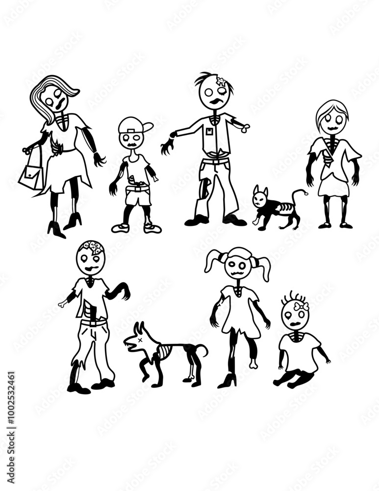 Naklejka premium Zombie Family | Zombie Stick | Zombie Apocalypse | Zombie Invasion | Halloween | Zombie Animal | Scary Zombie Family | Spooky Zombies | Original Illustration | Vector and Clipart | Cutfile and Stencil