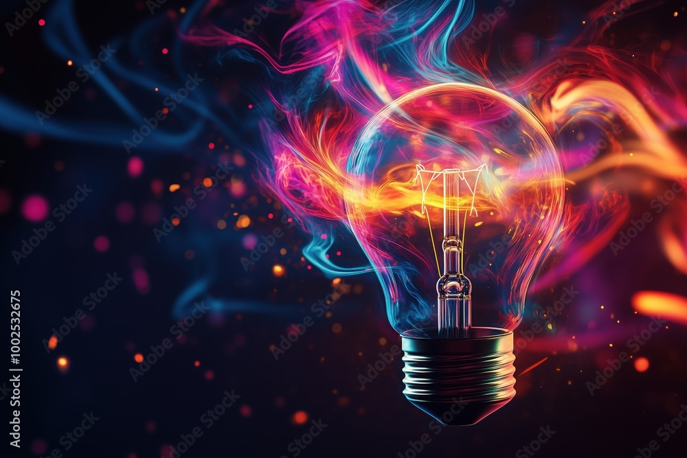 A vibrant electric lightbulb surrounded by colorful flames and swirling smoke against a dark background. A vibrant electric lightbulb surrounded by colorful flames and swirling smoke against a dark background.