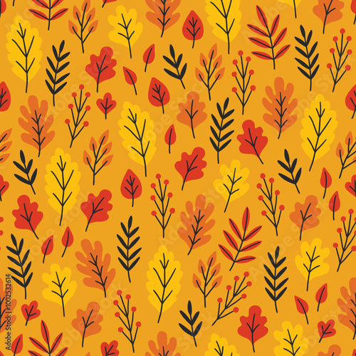 Autumn seamless pattern with colorful leaves on yellow background. Perfect for wallpaper, gift paper, greeting cards. Vector illustration