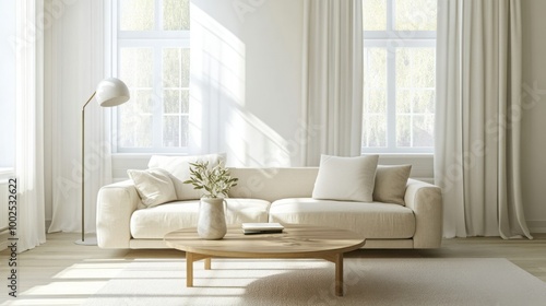 serene living room featuring clean lines, neutral colors, and simple furniture