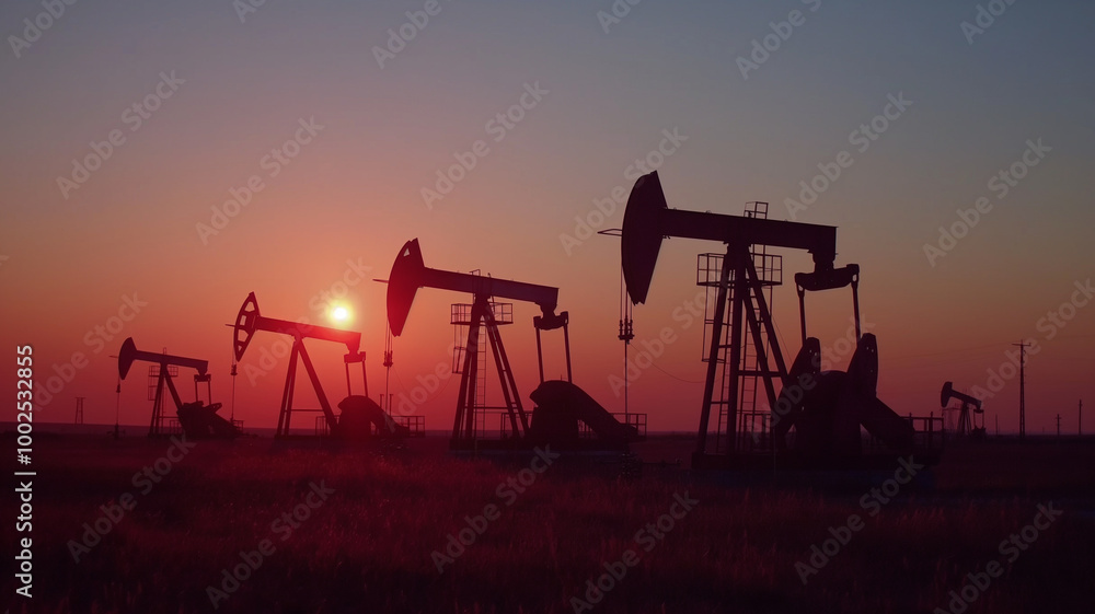 Pumpjack or oil jacks in oil field at sunset Pumpjack or oil jacks in oil field at sunset