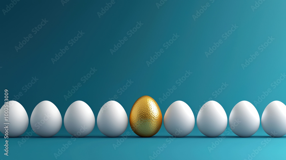 row of white eggs with one golden egg in middle creates striking visual contrast, symbolizing uniqueness and value. This image evokes feelings of curiosity and surprise row of white eggs with one golden egg in middle creates striking visual contrast, symbolizing uniqueness and value. This image evokes feelings of curiosity and surprise