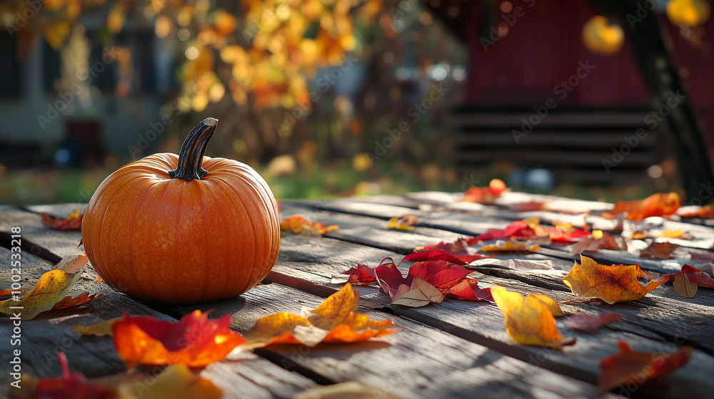 A warm autumn scene of pumpkins and colorful leaves resting on a rustic wooden table