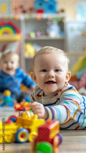 Two white infants with colorful toys on a wooden floor. One smiles playing with a yellow car, other engaged with a toy truck. Lively and playful atmosphere captured in vibrant setting.