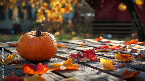 Obraz na płótnie A warm autumn scene of pumpkins and colorful leaves resting on a rustic wooden table w salonie