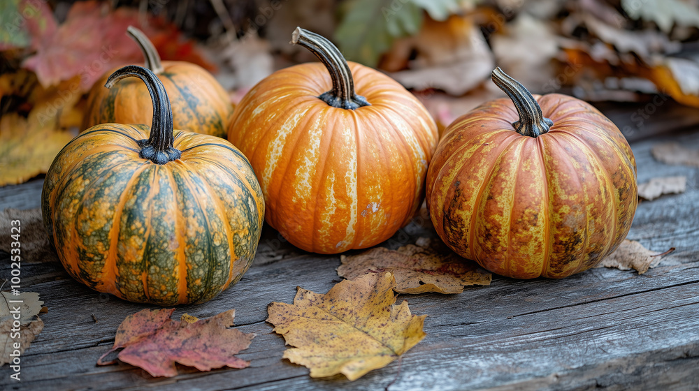 Autumn harvest scene of pumpkins arranged with vibrant leaves on a wooden table