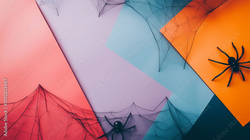 Colorful Halloween flat lay mockup, spider webs and creepy decorations laid out on a mix of autumn-inspired colored paper