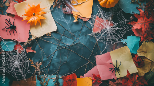 Obraz na płótnie Colorful Halloween flat lay mockup, spider webs and creepy decorations laid out on a mix of autumn-inspired colored paper w salonie