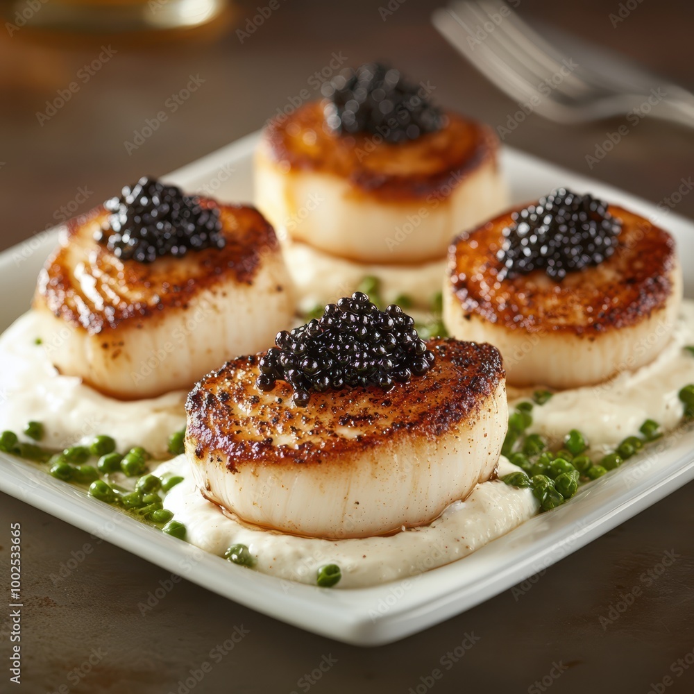 scallops with caviar on a white plate scallops with caviar on a white plate