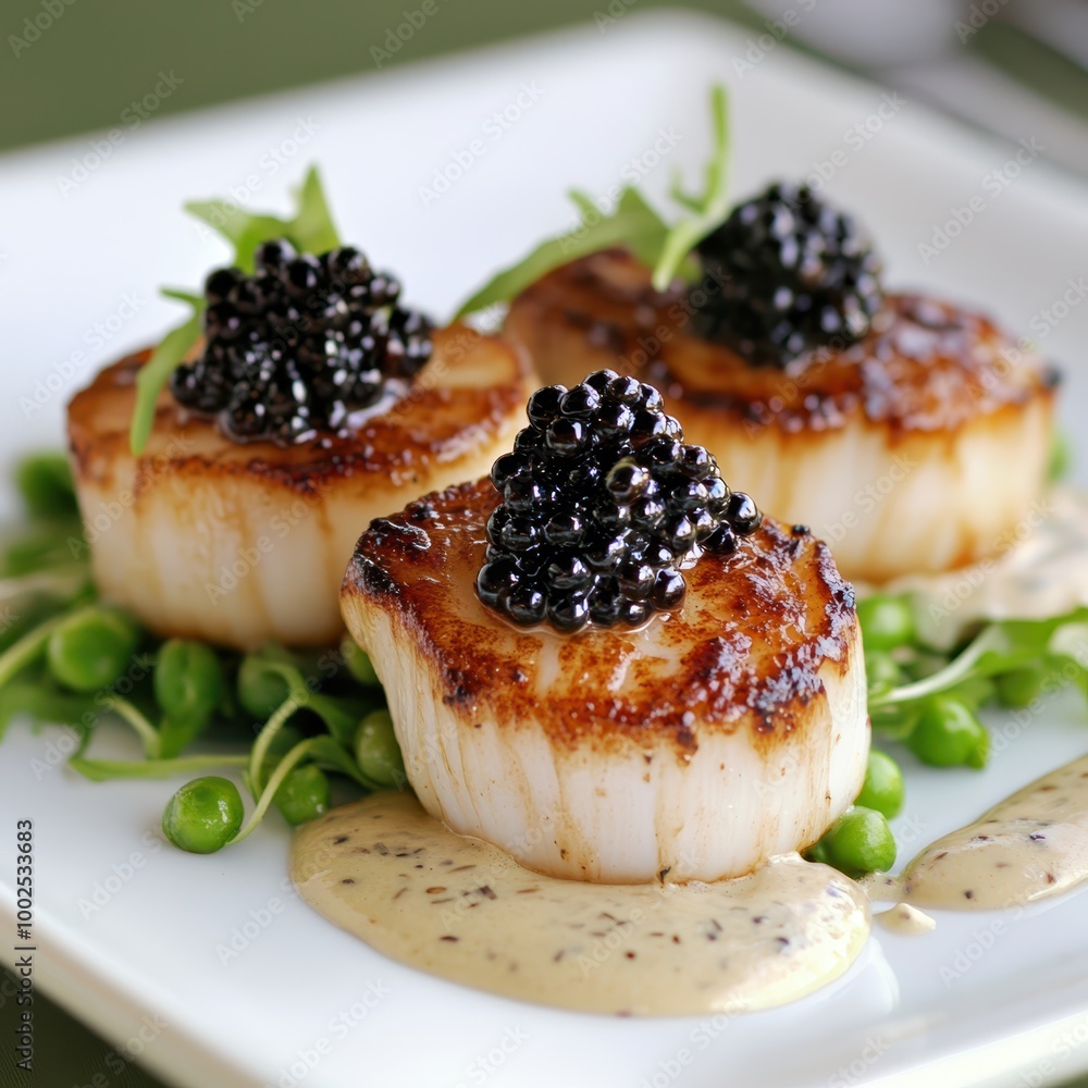 scallops with caviar and peas on a white plate scallops with caviar and peas on a white plate