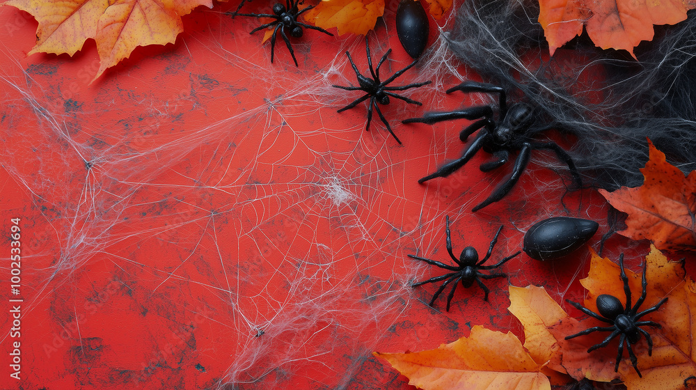Creative flat lay for Halloween featuring spiders, webs, and eerie decorations on a vivid autumn-colored background