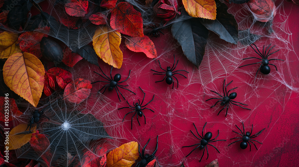 Creative flat lay for Halloween featuring spiders, webs, and eerie decorations on a vivid autumn-colored background