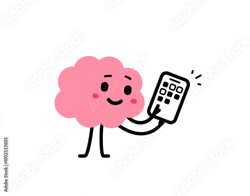 Flat doodle style design of smile brain hold phone in hand on white color background. Vector cartoon education illustration of cute happy brain character using smart phone