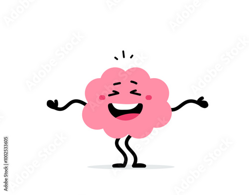 Vector cartoon illustration of cute happy brain character with open mouth and wave hand on white color background. Flat doodle style design of smile brain dance and relax