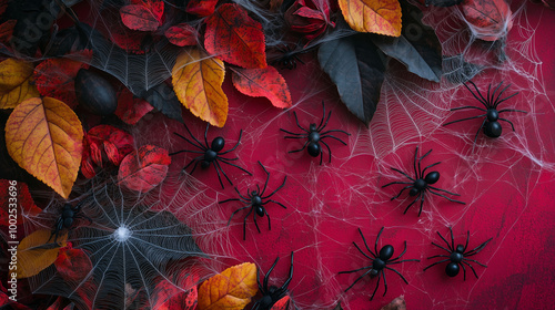 Obraz na płótnie Creative flat lay for Halloween featuring spiders, webs, and eerie decorations on a vivid autumn-colored background w salonie