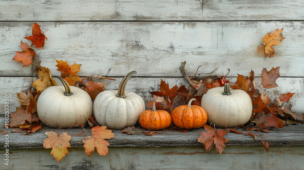 Festive fall arrangement of pumpkins and autumn leaves against a weathered wood background