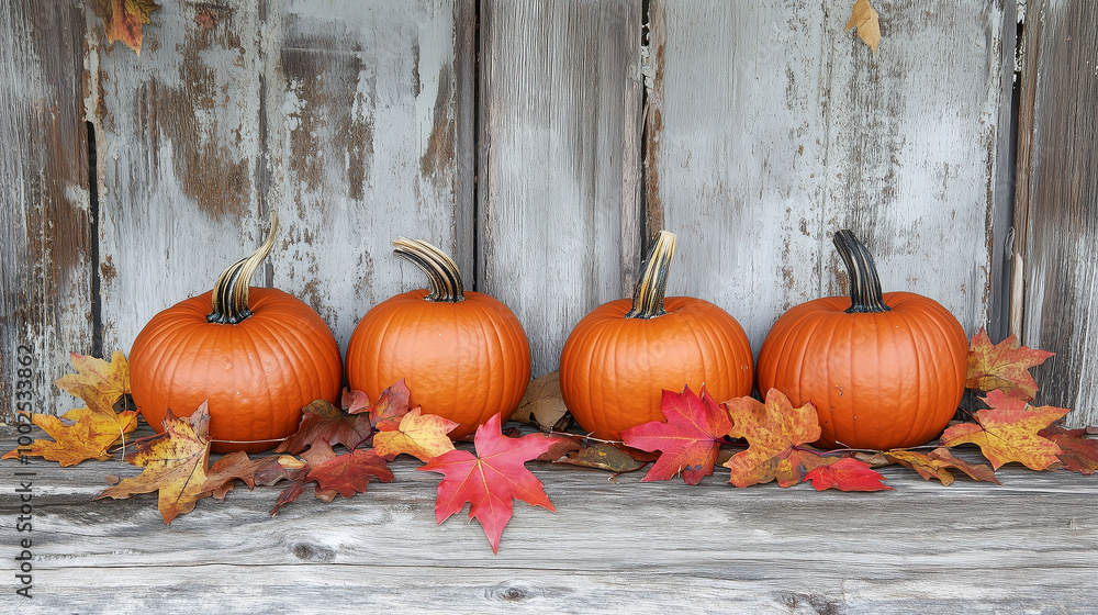 Festive fall arrangement of pumpkins and autumn leaves against a weathered wood background