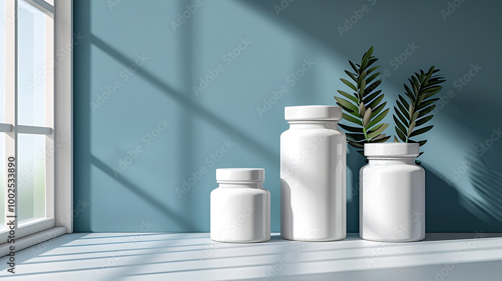 Three white bottles of vitamins or supplements sit on a windowsill, with sunlight streaming in and casting shadows on the wall. Three white bottles of vitamins or supplements sit on a windowsill, with sunlight streaming in and casting shadows on the wall.