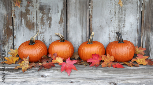 Obraz na płótnie Festive fall arrangement of pumpkins and autumn leaves against a weathered wood background w salonie