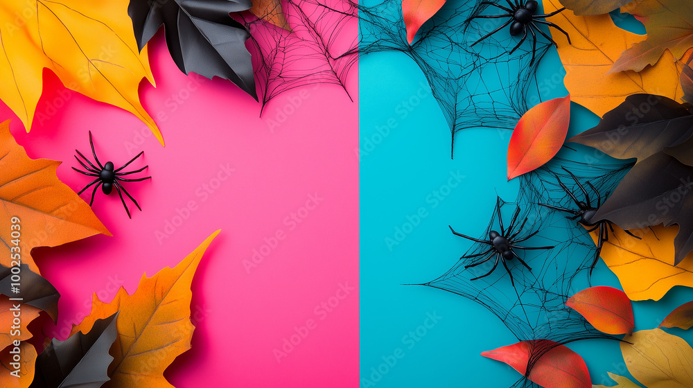 Halloween-themed flat lay mockup, spooky spiders and webs on a mix of vibrant, fall-inspired colored backgrounds