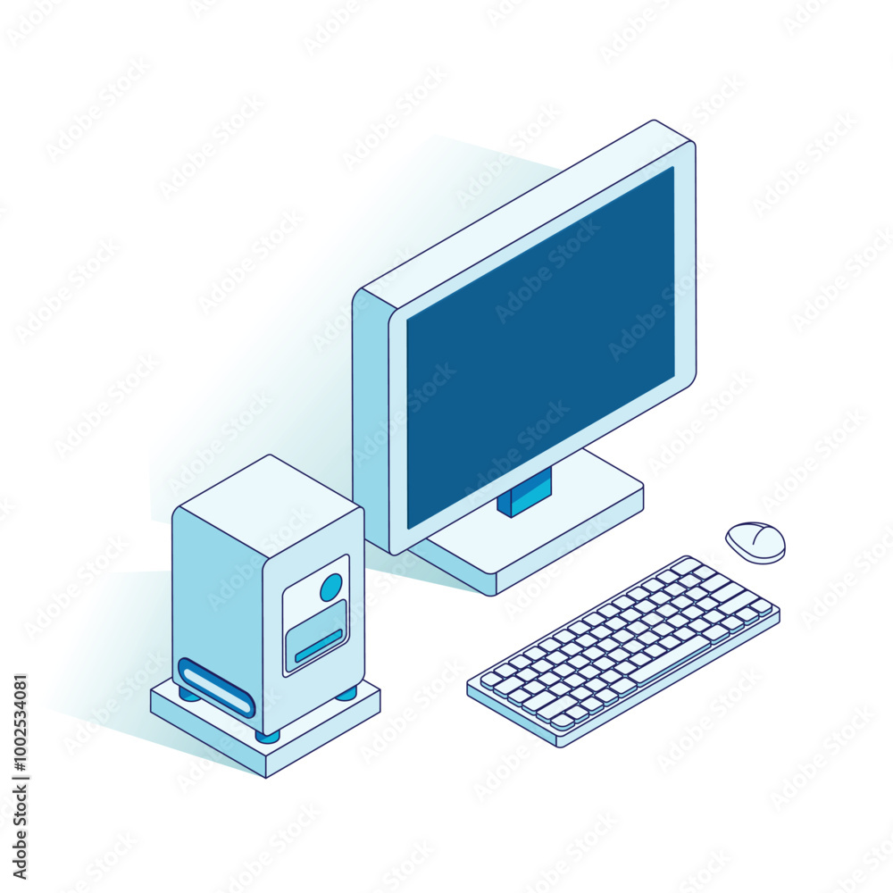 Vector illustration of a monitor and a system unit in isometric projection: modern and stylish design of computer equipment, made in minimalistic graphics, which is suitable for projects