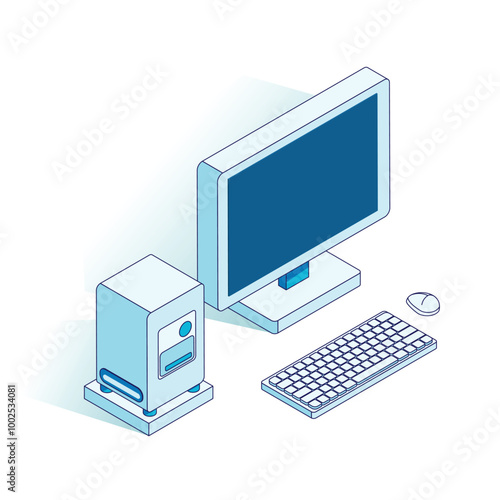 Vector illustration of a monitor and a system unit in isometric projection: modern and stylish design of computer equipment, made in minimalistic graphics, which is suitable for projects