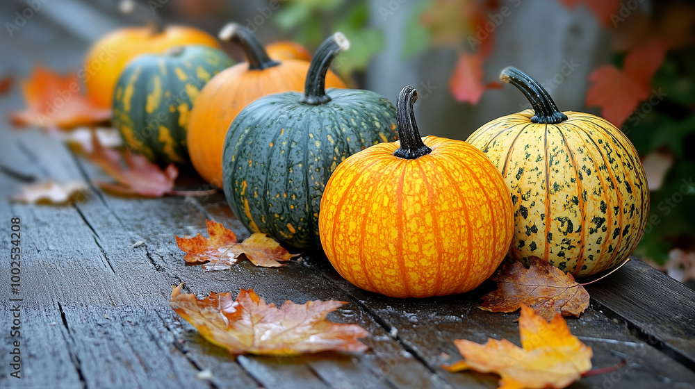 Pumpkins and leaves displayed along a wooden surface, perfect for fall-themed designs