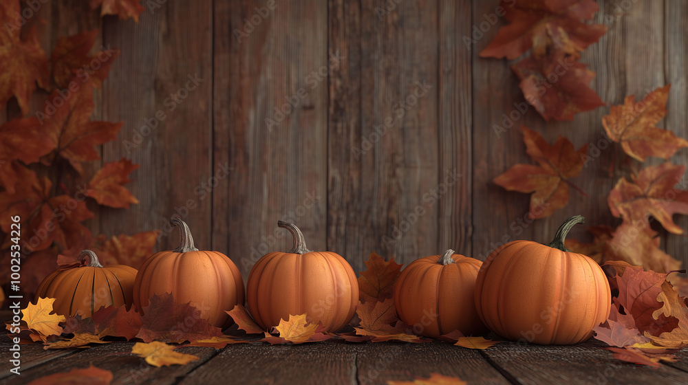 Pumpkins and leaves displayed along a wooden surface, perfect for fall-themed designs