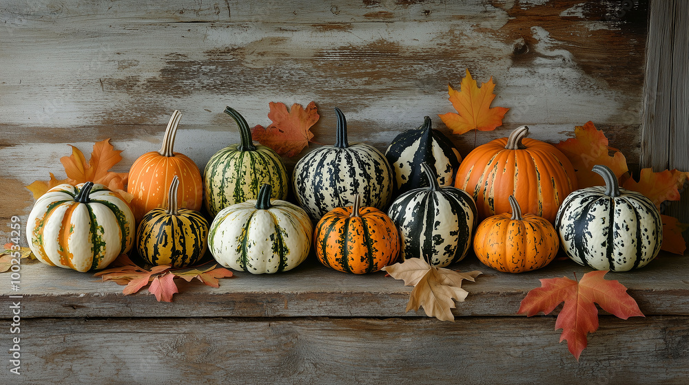 Pumpkins and leaves displayed along a wooden surface, perfect for fall-themed designs