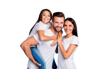 Foster family spending sunny weekend playing outdoor games wear casual outfit isolated blue background