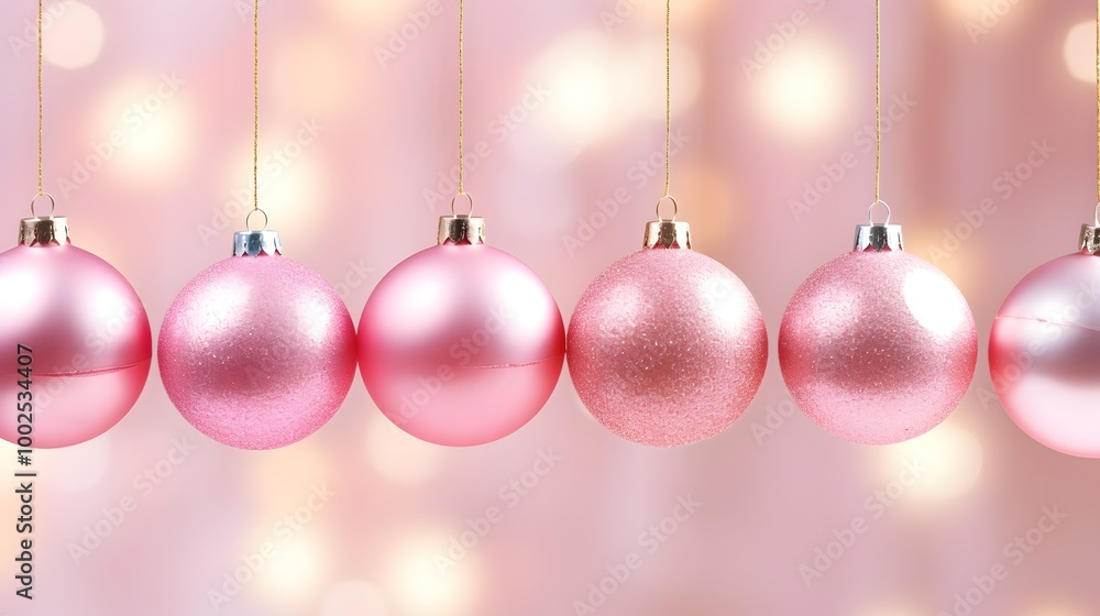 Obraz premium Pink Christmas baubles in a row with bokeh lights background, Christmas themed, Bokeh lights, Christmas balls, HD, Mockup banner with copy space for text 
