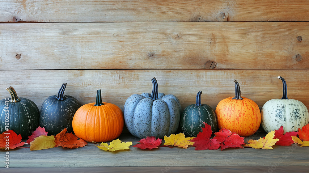 Pumpkins of different shapes and colors lined up with vibrant autumn leaves on a wooden backdrop