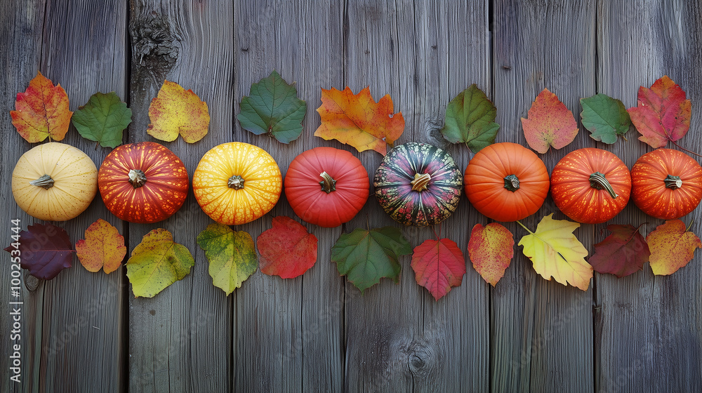 Pumpkins of different shapes and colors lined up with vibrant autumn leaves on a wooden backdrop