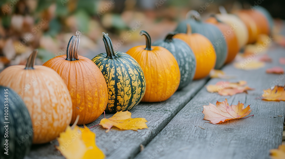 Row of pumpkins with bright autumn leaves, creating a cozy fall mood on a wooden background
