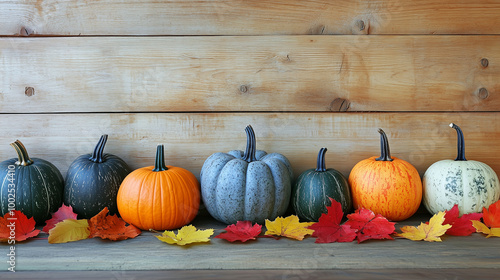 Obraz na płótnie Pumpkins of different shapes and colors lined up with vibrant autumn leaves on a wooden backdrop w salonie