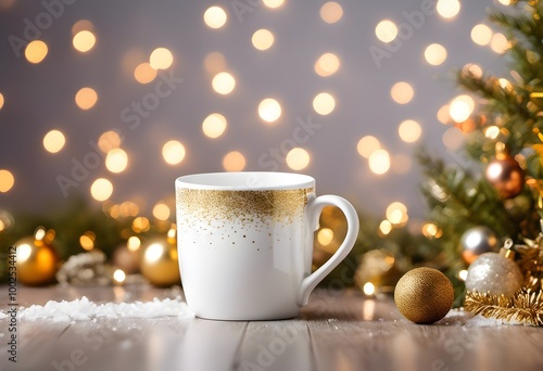 White blank mug 11oz mock up product photography background, Christmas themed, Bokeh lights, pine cones, Christmas balls, HD, Christmas Tree, fir branch, banner, white and gold theme 